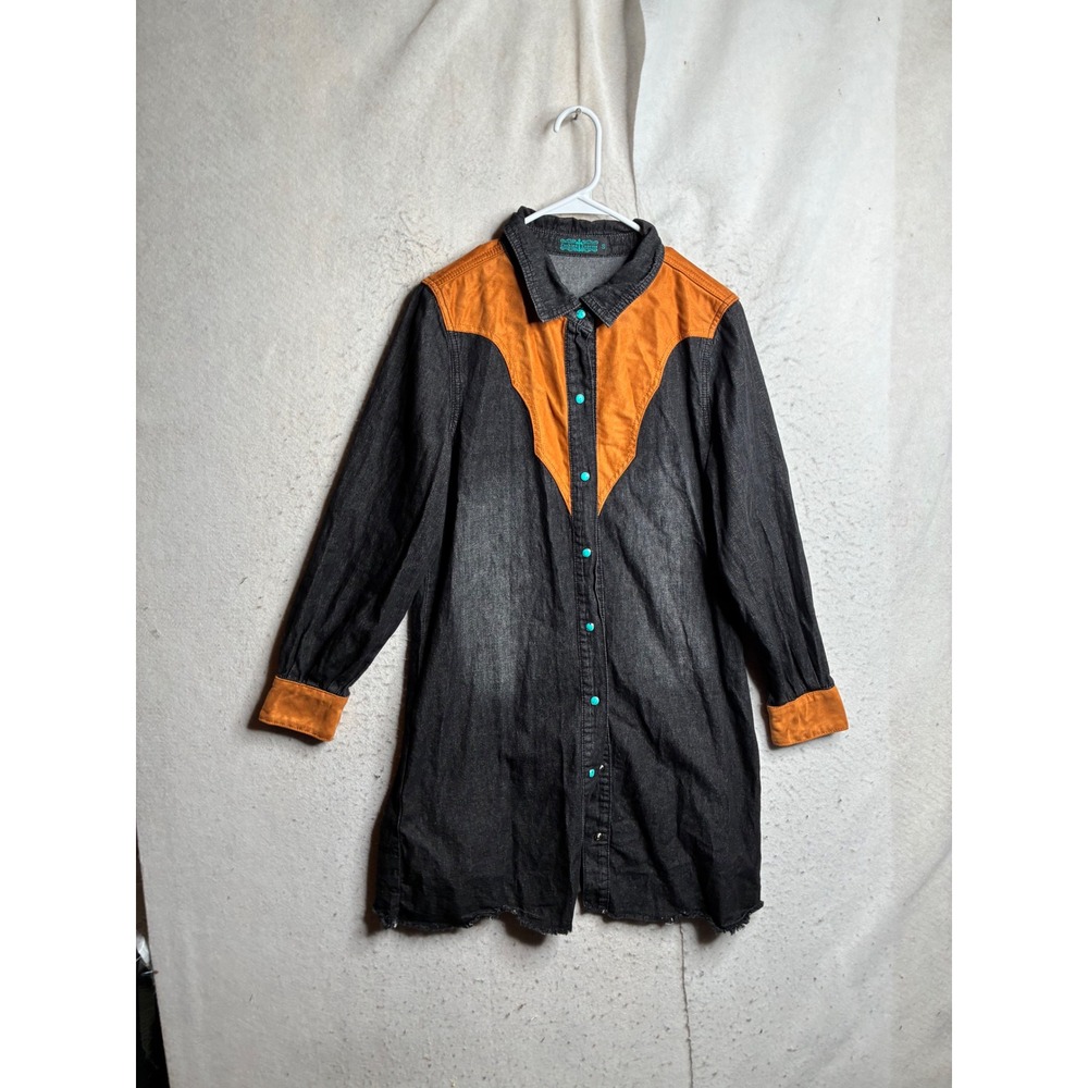 Fashion Express Western Denim Shirt Dress Black Orange Turquoise Snaps Small